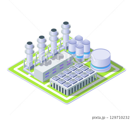 Cartoon Color Gas Thermal Power Plant Object Industrial Energy Building Concept 3d Isometric View Isolated on a White. Vector illustration 129710232