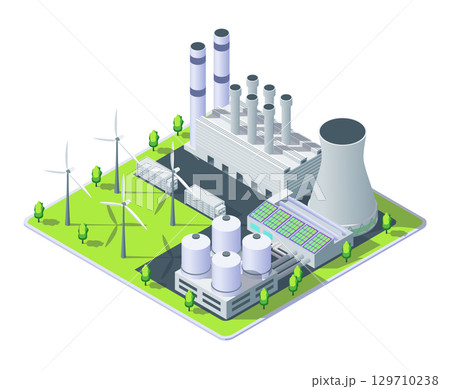 Cartoon Color Combined Energy Sources Power Plant Object Industrial Energy Building Concept 3d Isometric View. Vector illustration 129710238
