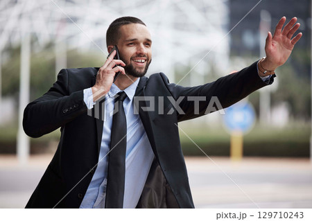 Businessman, phone call and stop taxi for transport to appointment on street, buildings or time management. Corporate black man, phone and late for travel in metro, smile and cityscape Businessman, phone call and stop taxi for transport to appointment on street, buildings or time management. Corporate black man, phone and late for travel in metro, smile and cityscape 129710243
