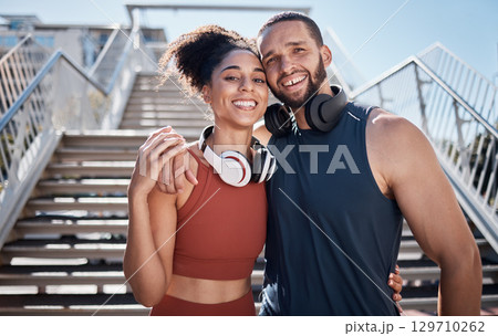 Support, smile and portrait of a couple training in the city, happy running and fitness in Brazil. Happiness, friends and man and woman with affection during stairs exercise for cardio health 129710262