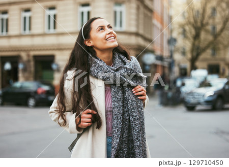 Walking, city buildings and happy woman on outdoor travel adventure in sidewalk street, road or journey In Chicago Illinois. Urban architecture, beauty and girl smile on winter vacation tour in USA Walking, city buildings and happy woman on outdoor travel adventure in sidewalk street, road or journey In Chicago Illinois. Urban architecture, beauty and girl smile on winter vacation tour in USA 129710450
