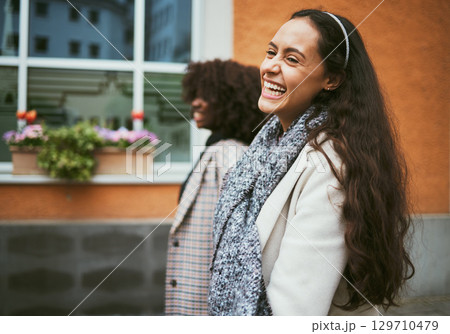 Fashion, friends and women walking in street enjoying holiday, vacation and adventure on weekend. Travel, friendship and happy girls smile for carefree lifestyle, freedom and relaxing in urban town 129710479