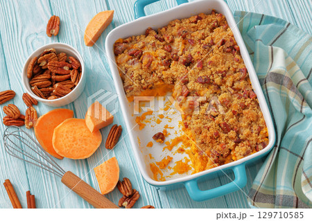 sweet potato casserole with pecan streusel topping 129710585