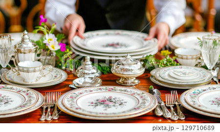 Elegant table setting with fine china, silverware, and floral decorations for special occasions 129710689