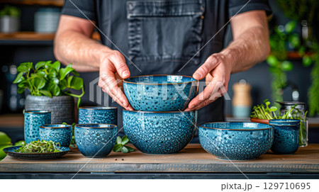 Hands arranging beautiful blue ceramic bowls on wooden table surrounded by greenery and kitchen items 129710695