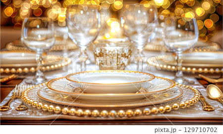 Elegant dining table set with fine china, crystal glassware, and golden accents for festive occasions 129710702