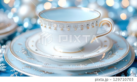 Elegant porcelain tea set with intricate design on blue background for festive table setting 129710703