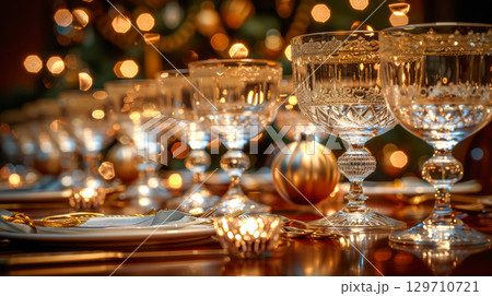 Elegant crystal glasses arranged on a festive dining table with warm bokeh lights in the background 129710721