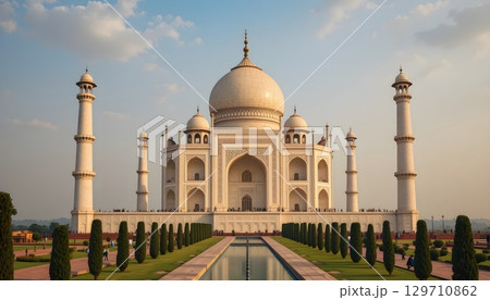 Magnificent View of the Iconic Taj Mahal Mausoleum at Sunset. 129710862