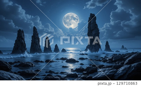 Majestic Moonlit Seascape with Dramatic Rock Formations and Atmospheric Clouds. 129710863