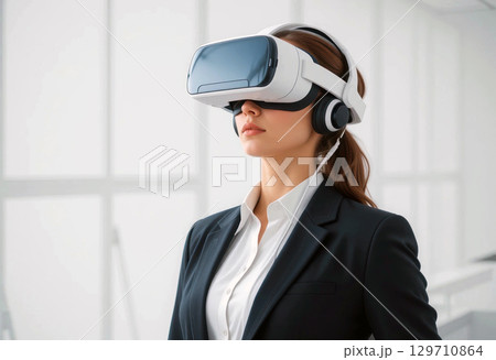 Professional Woman Engaging in Virtual Reality in a Modern Office Environment. 129710864