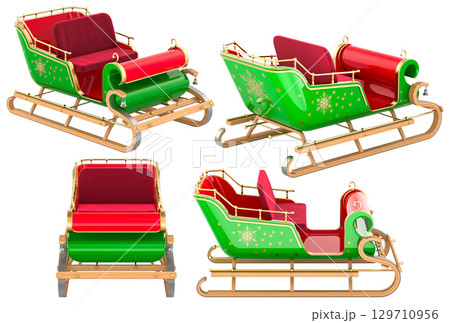 Christmas sleigh green and red with gold decor, different perspectives. 3D rendering 129710956