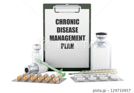 Chronic disease management plan, inscription on clipboard with pills, vials and syringe. 3D rendering Chronic disease management plan, inscription on clipboard with pills, vials and syringe. 3D rendering 129710957