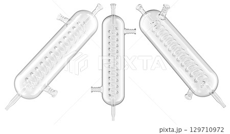 Transparent glass laboratory condensers with internal spiral coil for cooling and distillation, 3D rendering Transparent glass laboratory condensers with internal spiral coil for cooling and distillation, 3D rendering 129710972