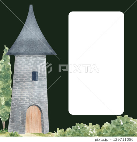 Medieval stone tower with a pointed slate roof, green bushes, tall tree with a frame on the right, perfect for invitations, fairy-tale cards, text placement. Hand-painted watercolor illustration on 129711086