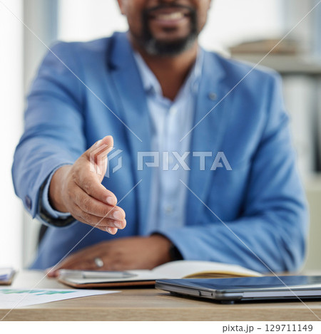 Handshake, hand for hiring with human resources and businessman, manager with onboarding and welcome to company. Partnership, agreement and deal with corporate hr, recruitment and professional desk Handshake, hand for hiring with human resources and businessman, manager with onboarding and welcome to company. Partnership, agreement and deal with corporate hr, recruitment and professional desk 129711149