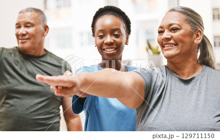Physiotherapy, nurse and senior couple for exercise, smile and teamwork goal for health, wellness or house. Physiotherapist help, black woman and training for rehabilitation group, workout or fitness 129711150