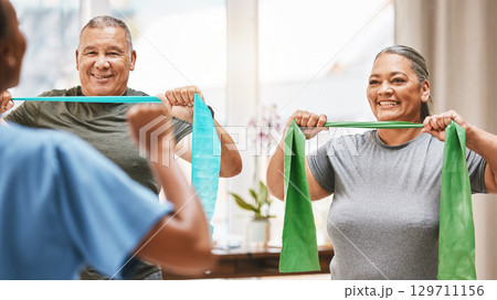 Physical therapy, stretching and senior couple with nurse teamwork, support and help in rehabilitation together. Elderly black people or friends smile with band in physiotherapy with strong progress Physical therapy, stretching and senior couple with nurse teamwork, support and help in rehabilitation together. Elderly black people or friends smile with band in physiotherapy with strong progress 129711156