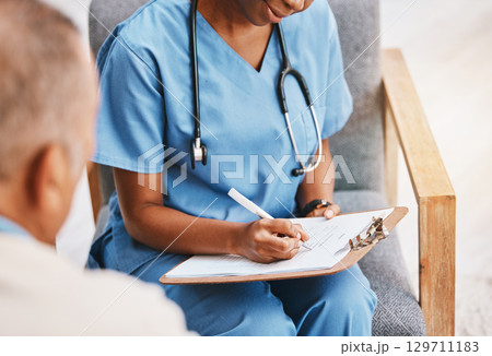 Nurse, writing notes and medical history with patient for healthcare, research or surgery planning. Closeup doctor, clipboard and consulting test results, medicine questions and checklist information 129711183