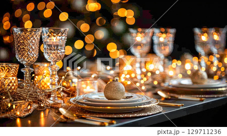 Elegant holiday dining table setting with sparkling lights and festive decorations for celebration 129711236