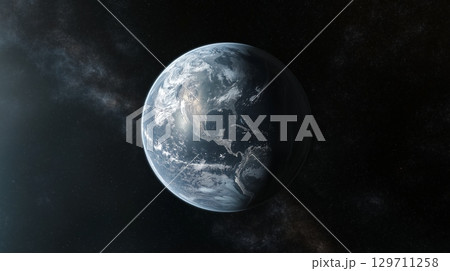 View of Earth from space with vibrant colors and stars in the background 129711258