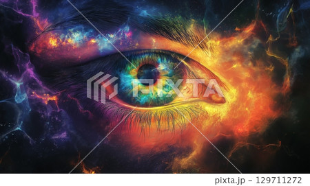 Intricate cosmic eye surrounded by vibrant colors and swirling galaxies 129711272