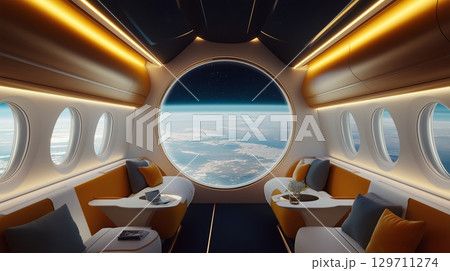 Futuristic spacecraft interior with stunning view of planet from space station 129711274