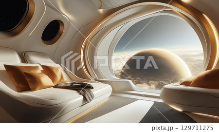 Futuristic spacecraft interior with stunning view of planet from space station 129711275