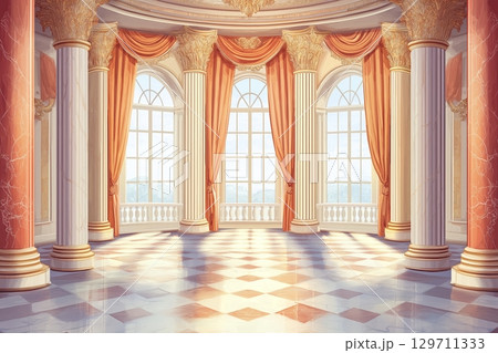 Grand hall with large windows in palace or castle, surrounded by lush greenery 129711333