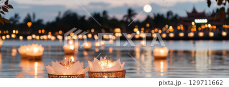 Asian festival Yi Peng lanterns floating on water at night, background 129711662