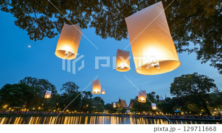 Yi Peng lantern festival during evening celebration, featuring numerous illuminated lanterns 129711668