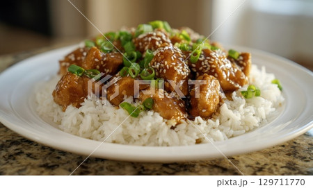 Appetizing sesame chicken, coated in a rich, glossy sauce, sprinkled with sesame seeds, green scallions, served fluffy white rice on white plate. Ideal for food blog, recipe site, culinary promotion 129711770