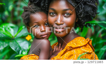 African woman holding child in vibrant dress surrounded by lush green foliage and nature African woman holding child in vibrant dress surrounded by lush green foliage and nature 129711865
