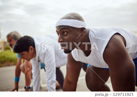 Runner, fitness or black man ready to start running exercise, cardio workout or sports exercise. Focus, wellness or healthy African male athlete thinking of mission target, vision or running goals 129711925