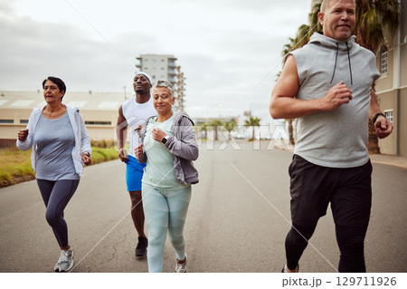 City, fitness or senior people in running exercise, cardio workout or sports exercise outdoors. Motivation, runners or healthy sports men and women with mission target, vision focus or body goals City, fitness or senior people in running exercise, cardio workout or sports exercise outdoors. Motivation, runners or healthy sports men and women with mission target, vision focus or body goals 129711926