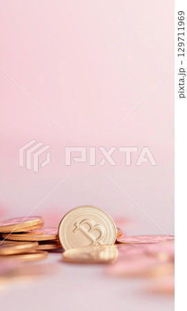 Golden bitcoins stacked on pastel pink background, concept of financial crisis 129711969