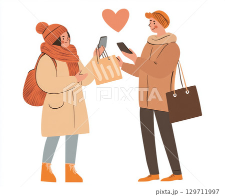 Ecommerce online shopping concept with two people exchanging goods 129711997