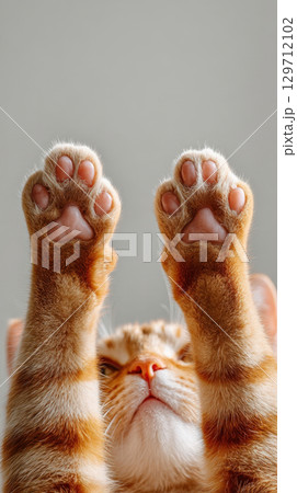 A charming close-up of a playful ginger cat reaching upwards, highlighting its soft, furry paws with visible pink toe beans, on a light background. 129712102