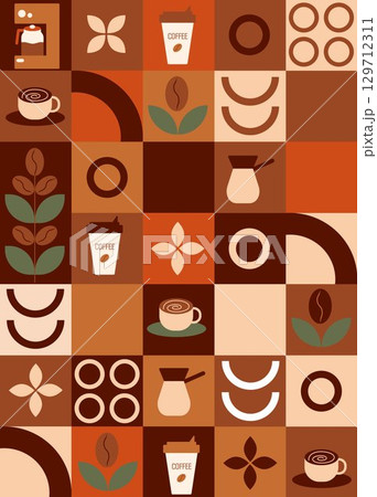 Geometric coffee pattern in minimalist style. Abstract print background with simple shapes for coffee shop, food packaging, cafe wall, menu. Coffee-themed block illustration with coffee beans, cups an 129712311
