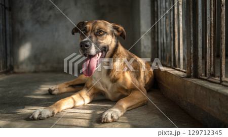 A brown and white dog with its tongue out, lying down in a concrete enclosure, looking hopefully towards the camera, representing rescue animals and adoption 129712345