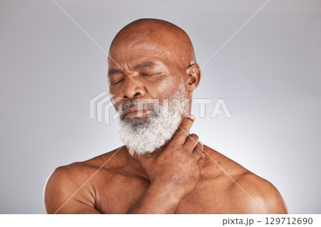 Senior black man, massage pain in spa on gray background or physical therapy care for healthy body. Elderly african person holding muscle, stress of burnout and medical wellness in retirement support Senior black man, massage pain in spa on gray background or physical therapy care for healthy body. Elderly african person holding muscle, stress of burnout and medical wellness in retirement support 129712690