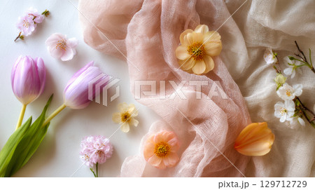 A soft and elegant arrangement of pastel-colored flowers including tulips and delicate blossoms, artfully draped with sheer pink and cream fabrics, creating a gentle and romantic visual 129712729