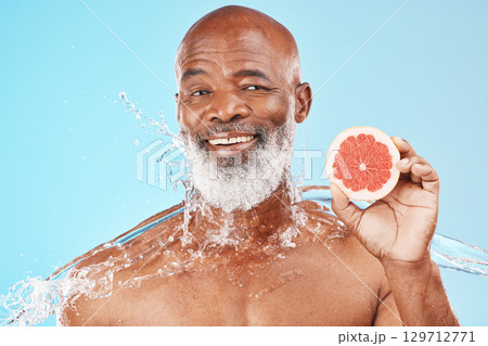 Grapefruit, water splash and black man for skincare health, vegan product or senior cosmetics advertising, marketing or promotion mockup. Beauty model, shower product and fruit for cleaning benefits Grapefruit, water splash and black man for skincare health, vegan product or senior cosmetics advertising, marketing or promotion mockup. Beauty model, shower product and fruit for cleaning benefits 129712771