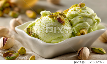 premium pistachio ice cream. Each creamy scoop, generously adorned with crunchy crushed pistachios, offers delightful escape for your taste buds. Perfect for hot day or sweet craving 129712927