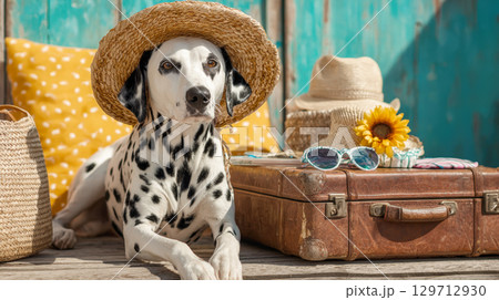 A charming dalmatian dog wearing a straw hat lies posed next to a vintage suitcase, sunglasses, and a sunflower, perfectly capturing the essence of summer vacation and pet-friendly travel 129712930