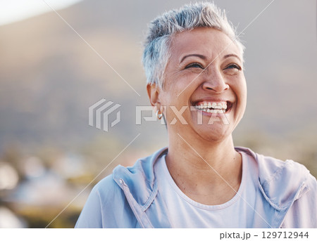 Face, elderly woman and smile with fitness outdoor, happy with cardio exercise, runner and happy in retirement. Health, wellness and active lifestyle with mature female, running mockup and workout 129712944