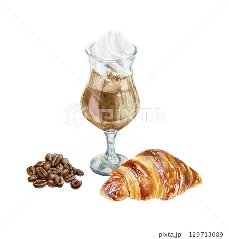 Coffee latte in a glass goblet with a stem, crispy croissant and roasted coffee beans. Hand drawn watercolor isolated. Vector clip art for cafe menu and banner design. 129713089