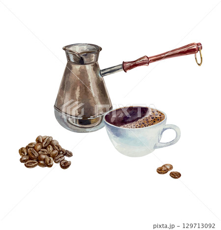 Cup of coffee, Turk for making the drink and roasted coffee beans. Hand drawn watercolor isolated. Vector clip art for cafe menu and banner design. 129713092