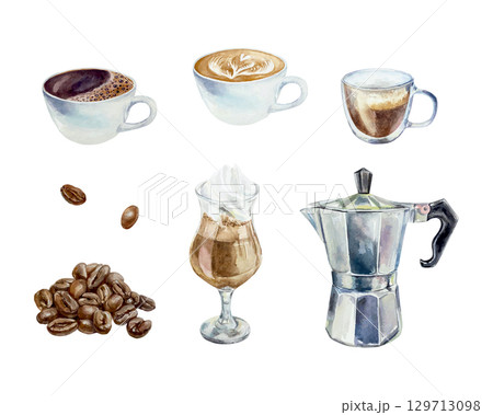 Cup of black coffee, espresso, cappuccino, latte, roasted coffee beans and geyser coffee maker. Hand drawn watercolor. Vector clip art for menu, banner and packaging design. 129713098