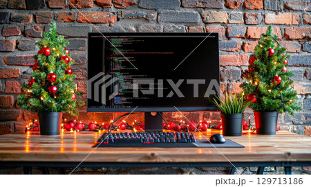 Computer workspace with festive decorations,...のイラスト素材 [129713186] - PIXTA